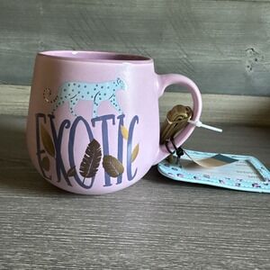 NWT-Exotic MUG Luggage Tag Leopard Cheetah Ceramic Blue Cat On Pink Gold‎ Accent